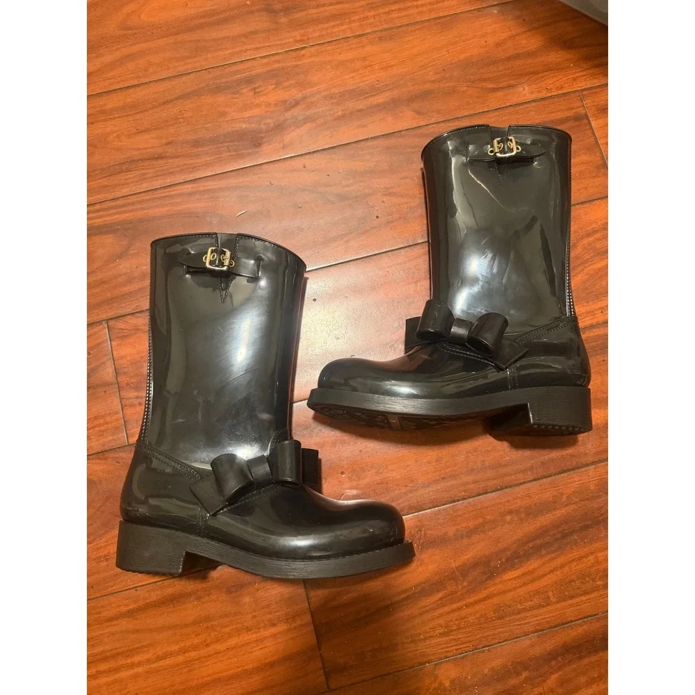 RED Valentino Black Patent Bow Rain Boots Mid Calf Buckle EU 37